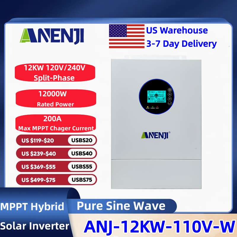 Hybrid Solar Inverter - ANENJI Split-phase 120V/240V 12KW Hybrid Solar